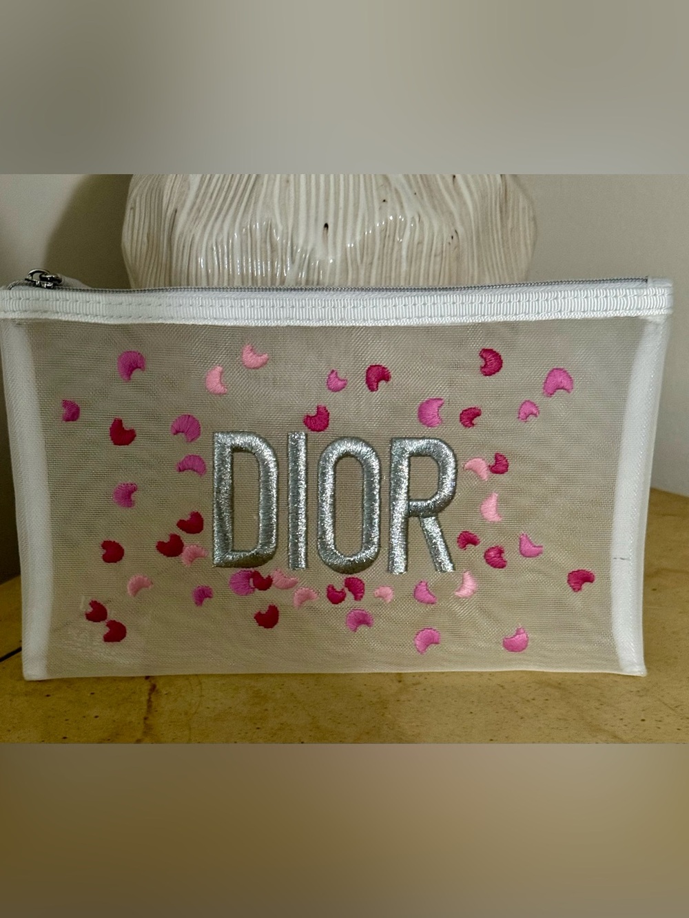 Christian Dior Beaute Transparent Mesh Pouch with Embroidered Confetti-NEW